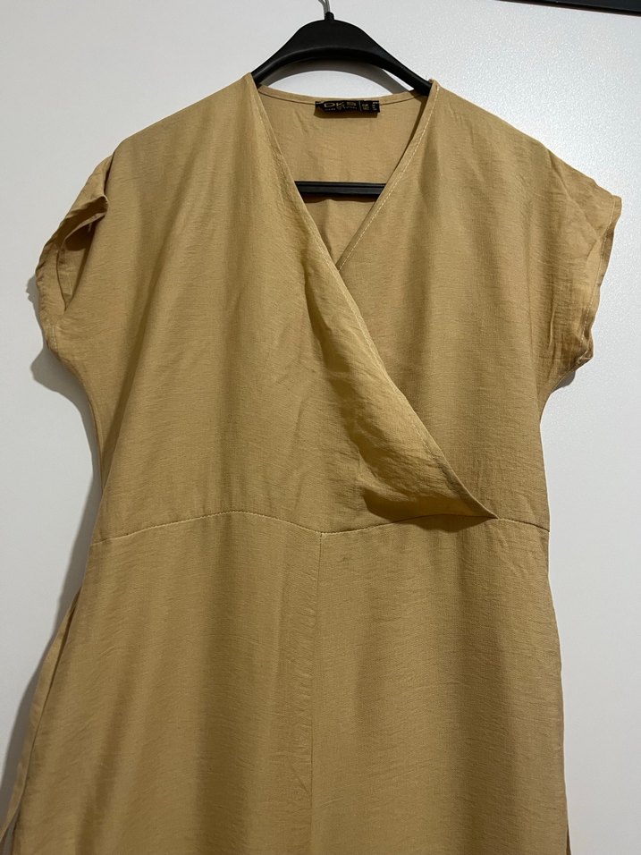 Bej Kemerli Kadın Keten Tulum - Görsel 4