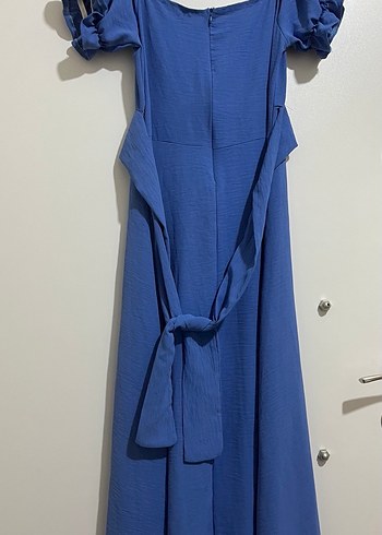 Mavi Uzun Drapeli Straplez Kadın Elbise - Görsel 5