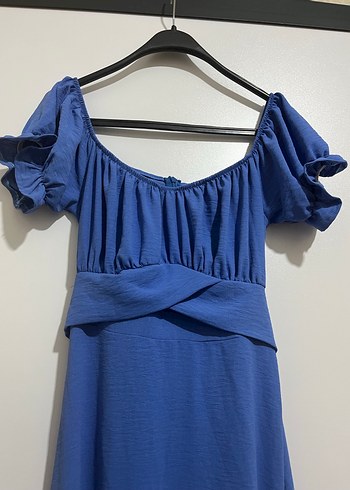 Mavi Uzun Drapeli Straplez Kadın Elbise - Görsel 3