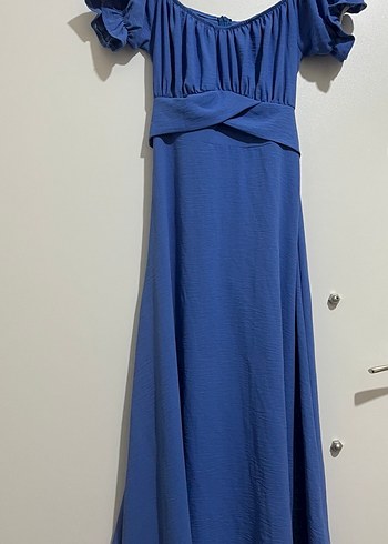 Mavi Uzun Drapeli Straplez Kadın Elbise - Görsel 2