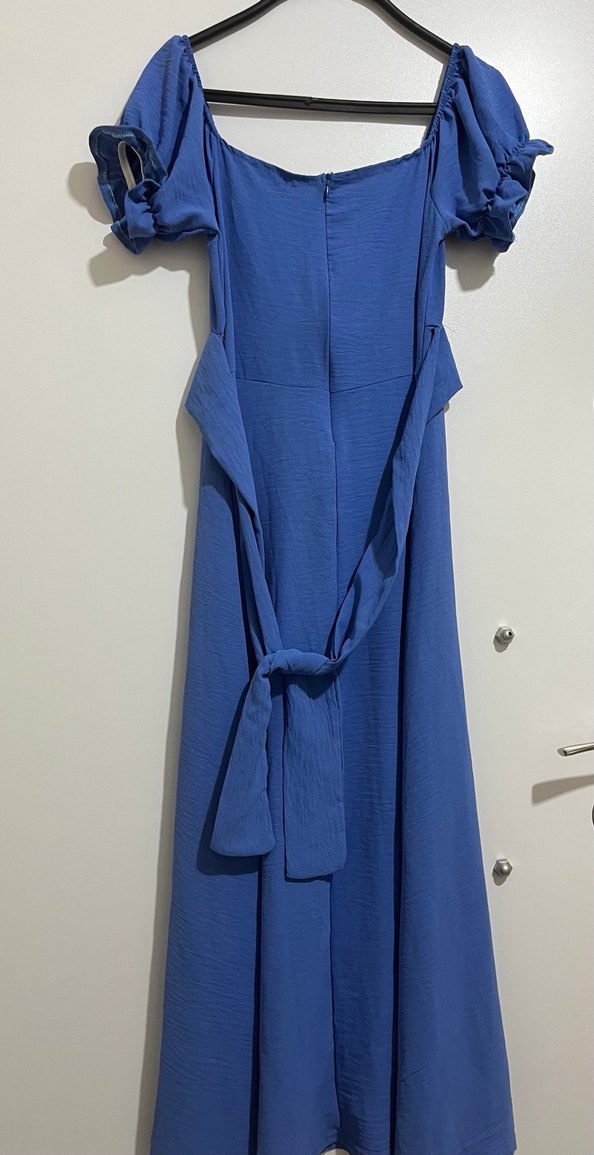 Mavi Uzun Drapeli Straplez Kadın Elbise - Görsel 5