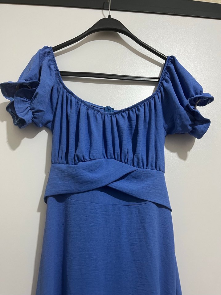 Mavi Uzun Drapeli Straplez Kadın Elbise - Görsel 3