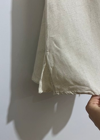 Beyaz Salaş V Yakalı Uzun Keten Elbise - Görsel 4