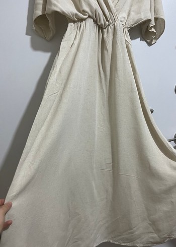 Beyaz Salaş V Yakalı Uzun Keten Elbise - Görsel 5