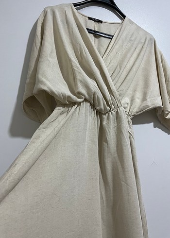 Beyaz Salaş V Yakalı Uzun Keten Elbise - Görsel 3