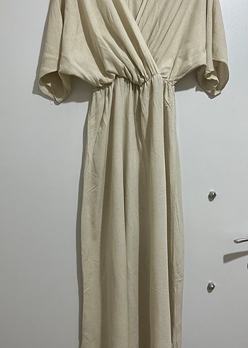 Beyaz Salaş V Yakalı Uzun Keten Elbise - Görsel 2