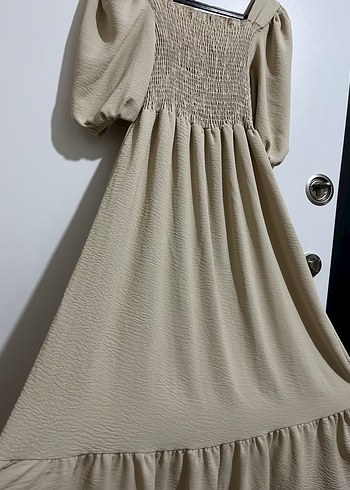 Bej Uzun Keten Elbise, Volan Detaylı, Bohem - Görsel 2