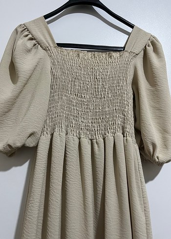 Bej Uzun Keten Elbise, Volan Detaylı, Bohem - Görsel 4