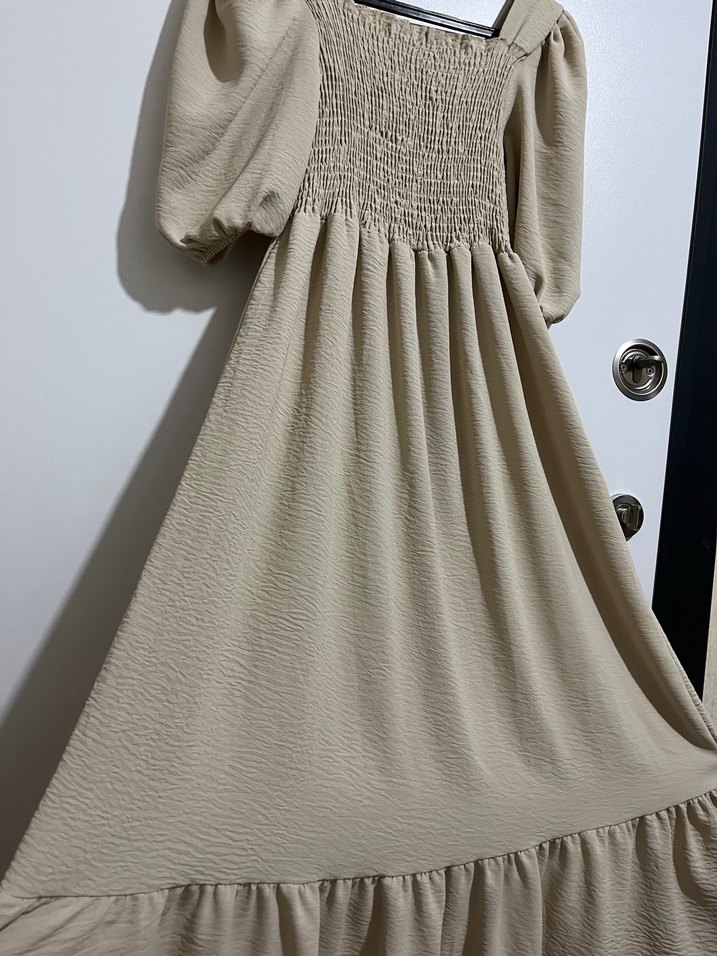 Bej Uzun Keten Elbise, Volan Detaylı, Bohem - Görsel 2