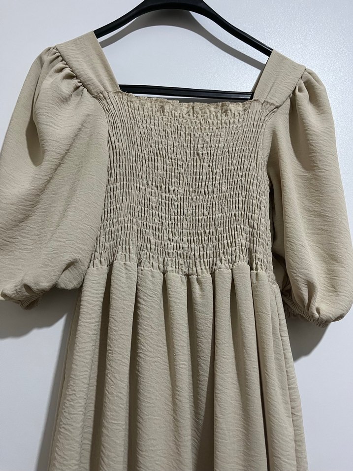 Bej Uzun Keten Elbise, Volan Detaylı, Bohem - Görsel 4