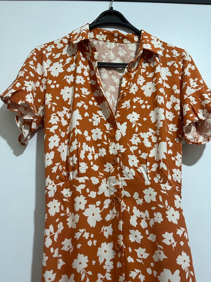 V Yaka Düğmeli Bohem Uzun Elbise - Görsel 2