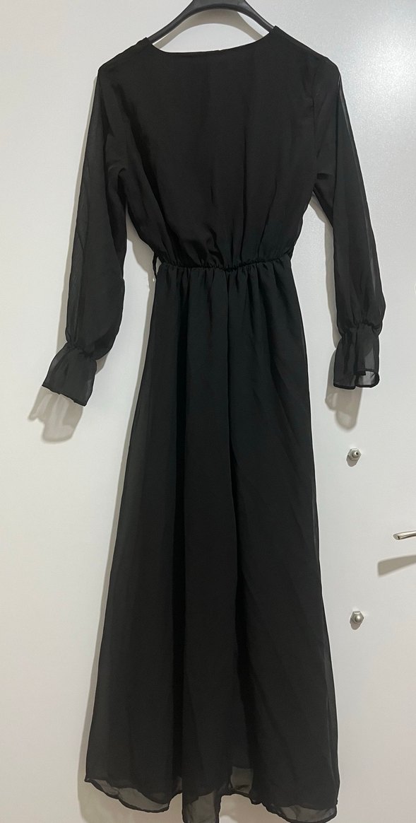 Siyah Uzun Kollu V Yaka Uzun Elbise - Görsel 5