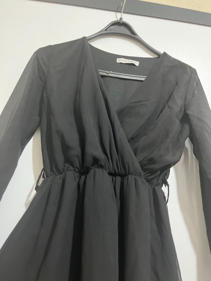 Siyah Uzun Kollu V Yaka Uzun Elbise - Görsel 3