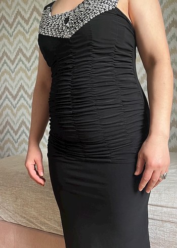 Siyah Drapeli V Yaka Hamile Abiye Elbise - Görsel 4