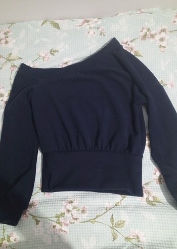 Kadın lacivert tek omuz belden saran uzun kollu kazak bluz - Görsel 2