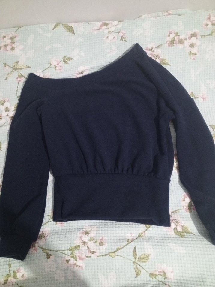 Kadın lacivert tek omuz belden saran uzun kollu kazak bluz - Görsel 2