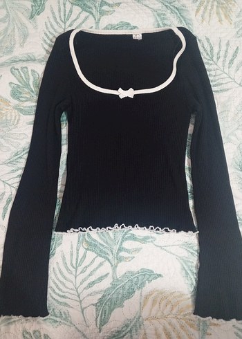 Fiyonk Detaylı Siyah lolita Uzun Kollu Bluz - Görsel 2