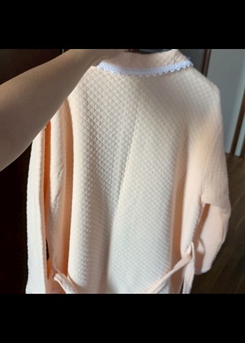 Somon rengi Uzun Kollu kuşaklı Midi Kadın Sabahlık - Görsel 5