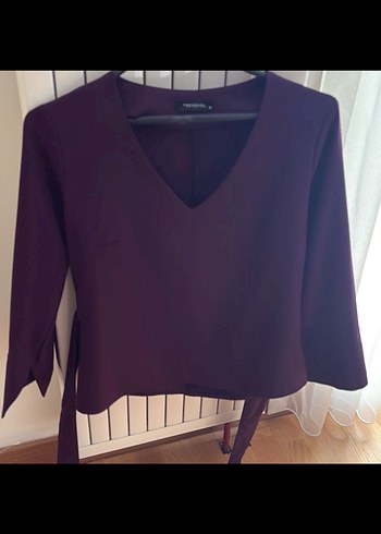 Mor V Yaka Kemerli Kadın Bluz - Görsel 2