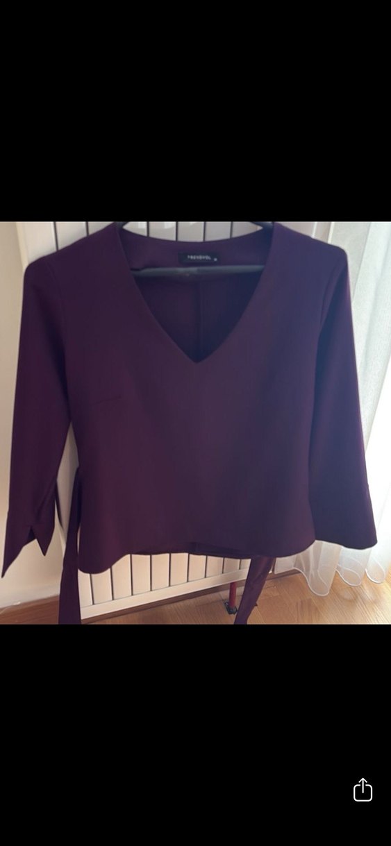 Mor V Yaka Kemerli Kadın Bluz - Görsel 2
