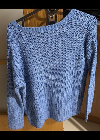 Mavi V Yaka Örgü Kadın Kazak - Görsel 3