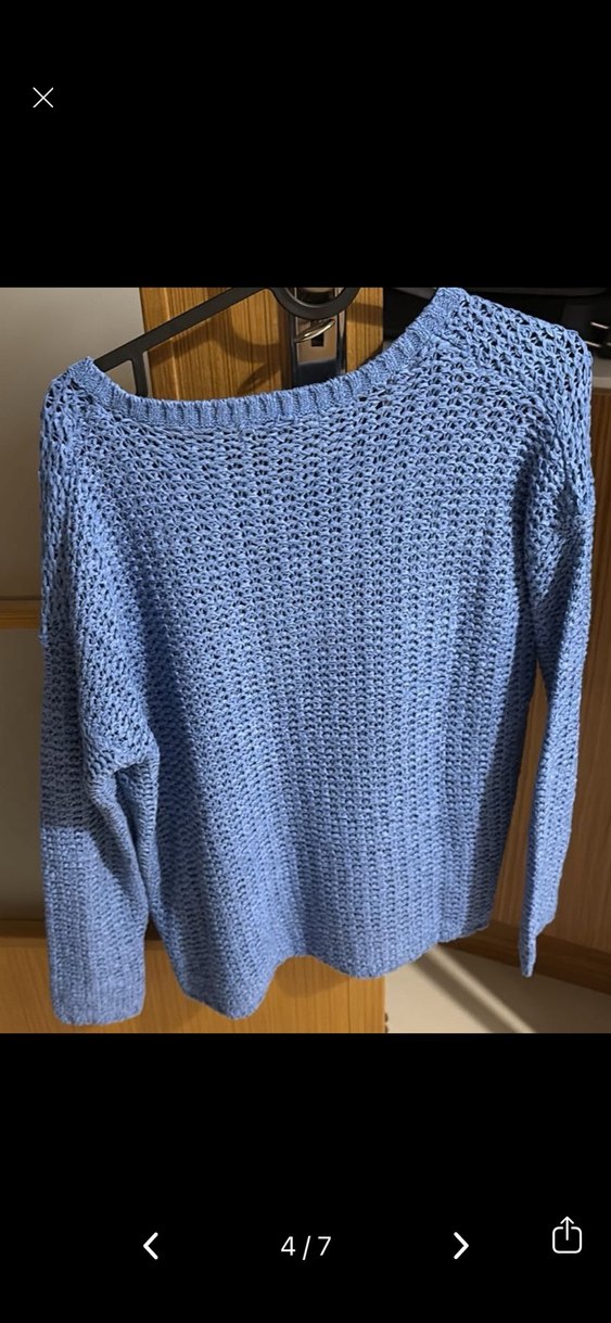 Mavi V Yaka Örgü Kadın Kazak - Görsel 3