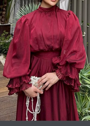 Bordo Uzun Kollu Bohem Elbise - Görsel 2