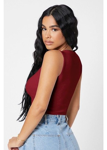 s Beden beyaz Renk Kadın Bordo Kare Yaka Crop Top Bluz