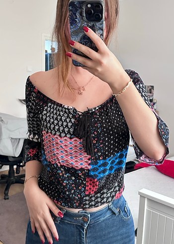 Bohem Kolları Bol Desenli Straplez Bluz - Görsel 2