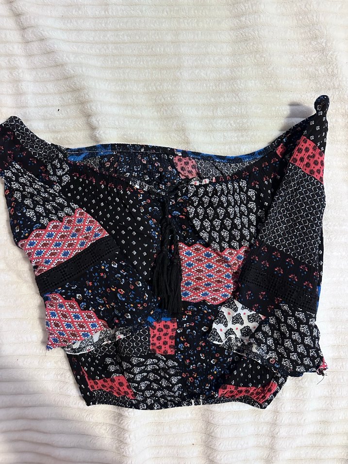 Bohem Kolları Bol Desenli Straplez Bluz - Görsel 4