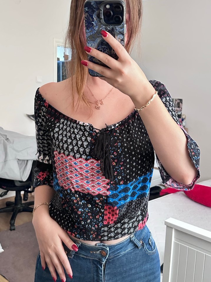 Bohem Kolları Bol Desenli Straplez Bluz - Görsel 2