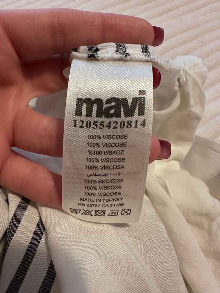 Mavi Marka V Yakalı Beyaz Gri Çizgili Pamuk Gömlek - Görsel 5