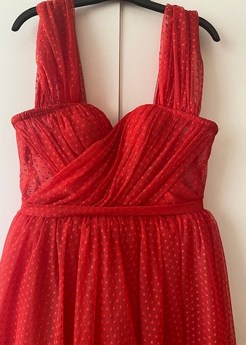 Kırmızı Uzun Drapeli Straplez Abiye Elbise - Görsel 4