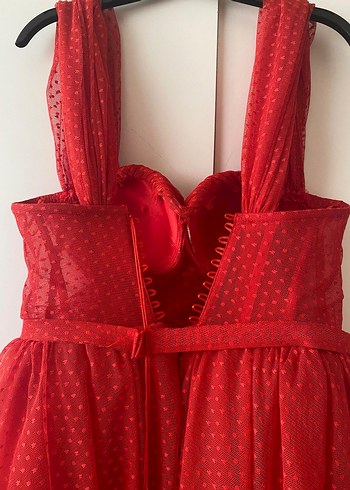 Kırmızı Uzun Drapeli Straplez Abiye Elbise - Görsel 3