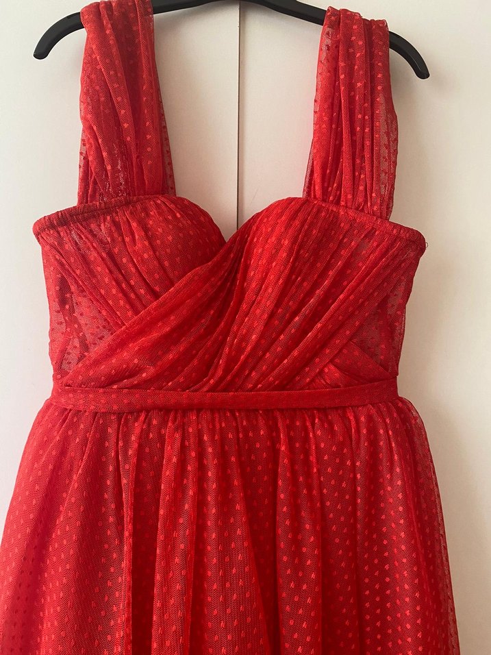 Kırmızı Uzun Drapeli Straplez Abiye Elbise - Görsel 4