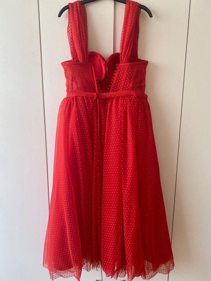 Kırmızı Uzun Drapeli Straplez Abiye Elbise - Görsel 5