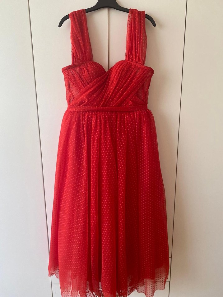 Kırmızı Uzun Drapeli Straplez Abiye Elbise - Görsel 2