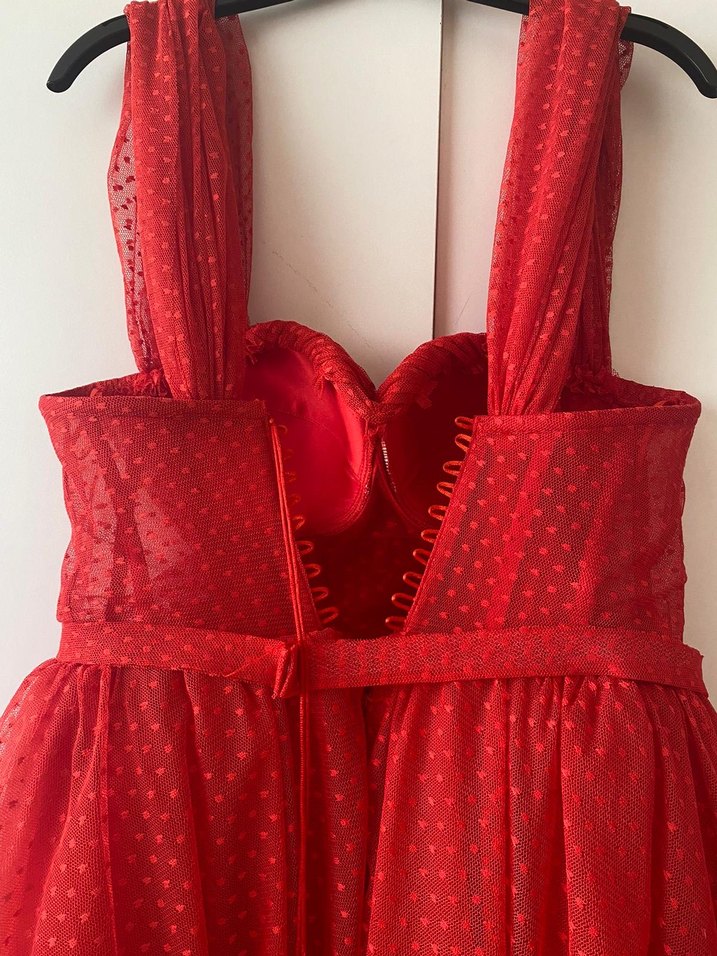 Kırmızı Uzun Drapeli Straplez Abiye Elbise - Görsel 3