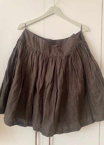 Drapeli Kahverengi Midi Keten Hamile Eteği - Görsel 3