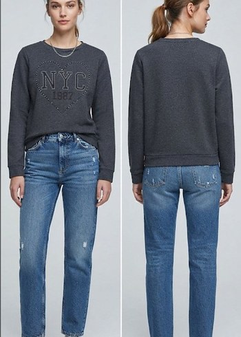 Diğer Gri Nakisli Uzun Kollu Kadin Sweatshirt