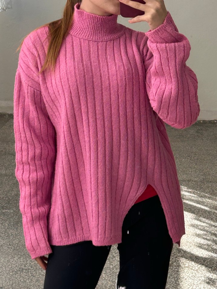 Pembe Boğazlı Triko Kadın Kazak - Görsel 2