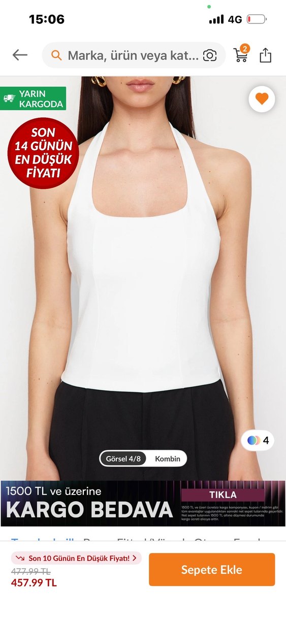 Beyaz Kare Yaka Kolsuz Mini Bluz - Görsel 3