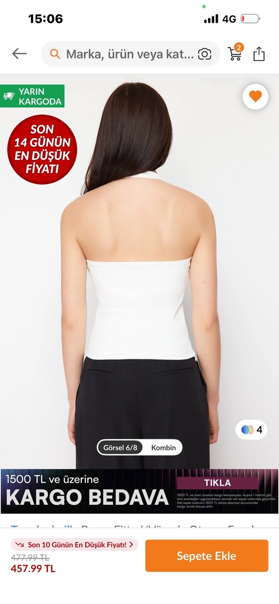 Beyaz Kare Yaka Kolsuz Mini Bluz - Görsel 4