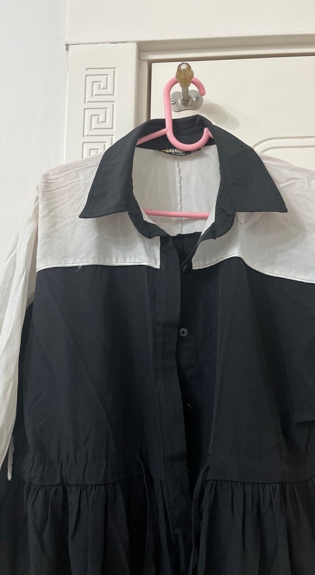 Kadın Siyah Beyaz Uzun Pamuklu Elbise - Görsel 2