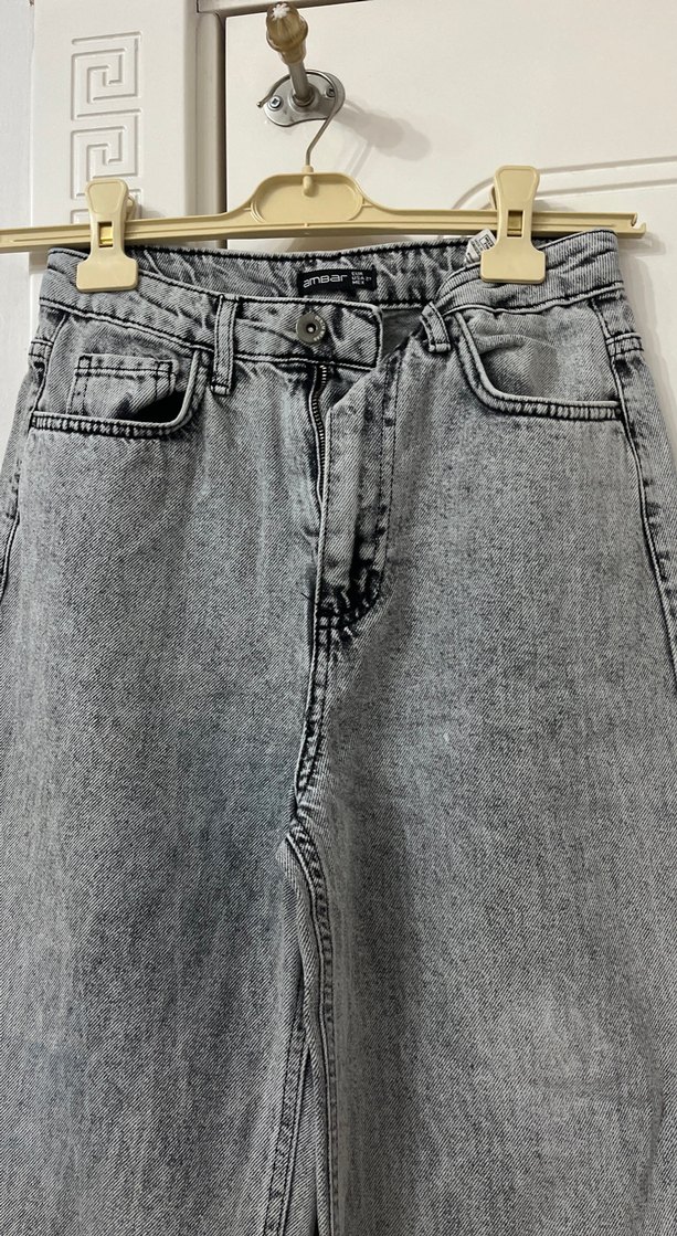 Gri Bol Kesim Midi Kot Pantolon - Görsel 3