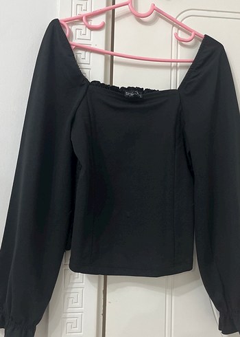 Siyah Göğüs Yaka Uzun Kollu Kadın Bluz - Görsel 2