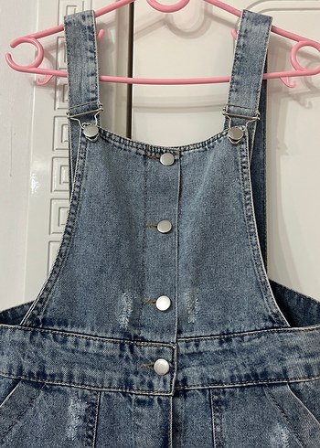 Düğmeli Gri Mavi Denim Midi Salopet - Görsel 2