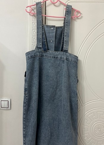 Düğmeli Gri Mavi Denim Midi Salopet - Görsel 4
