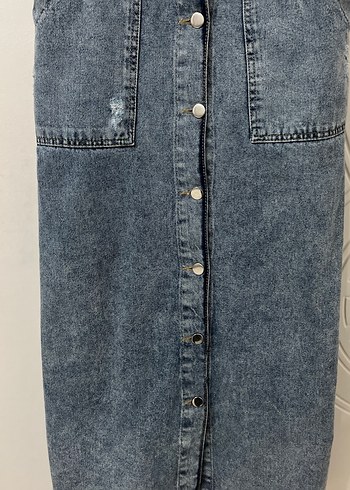Düğmeli Gri Mavi Denim Midi Salopet - Görsel 3
