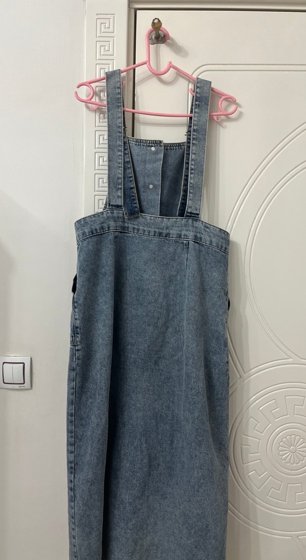 Düğmeli Gri Mavi Denim Midi Salopet - Görsel 4